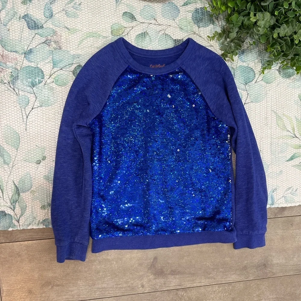 Cat & Jack Blue/Silver Sequin Girls Kids Sweatshirt Size Medium 7/8